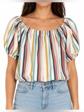a.n.a Multi-Color Vertical Stripe Puff Sleeve Blouse